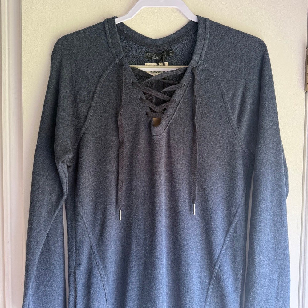 prAna Women Charcoal Heather Hemp Blend Lace Up Long Sleeve Tunic Dress XS NEW - Picture 2 of 10